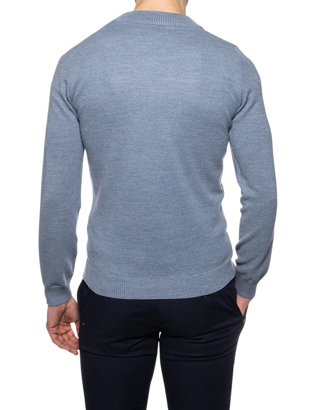 Blue Half Zip Textured Merino Wool Jumper