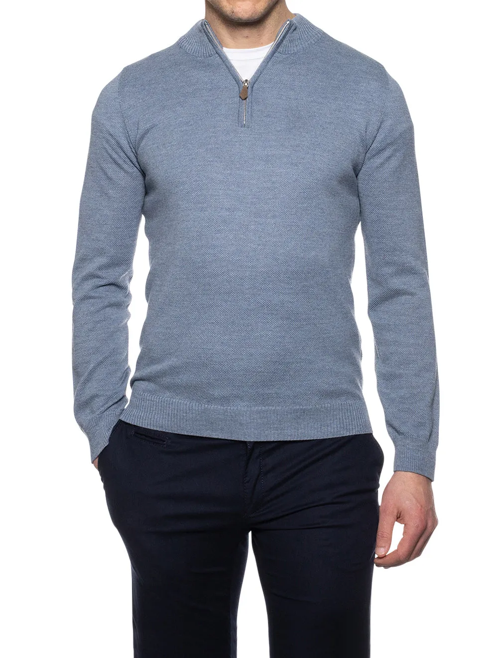 Blue Half Zip Textured Merino Wool Jumper