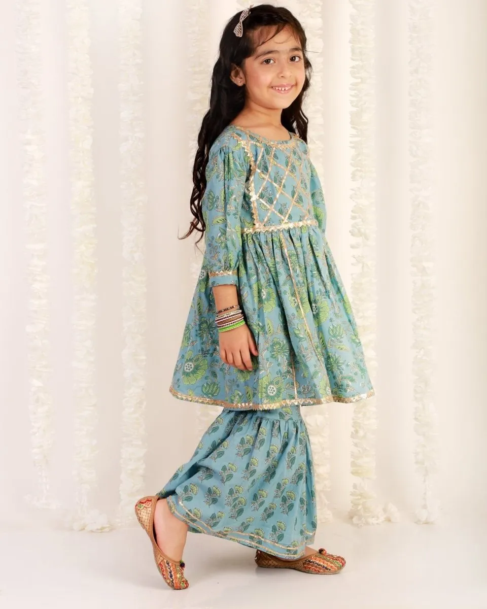 Blue Haze Floral Print Sharara Girls Set