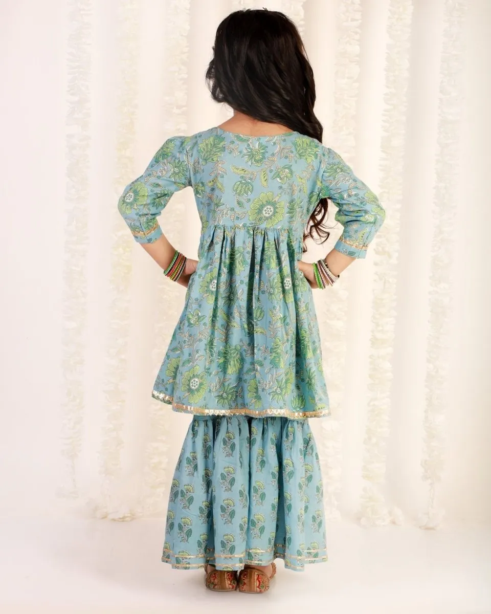 Blue Haze Floral Print Sharara Girls Set