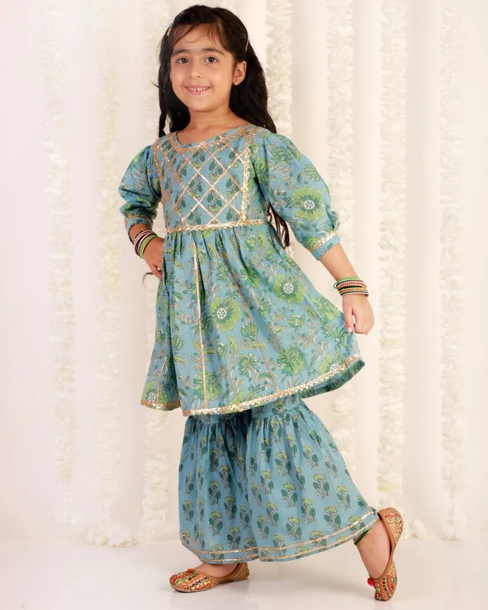 Blue Haze Floral Print Sharara Girls Set