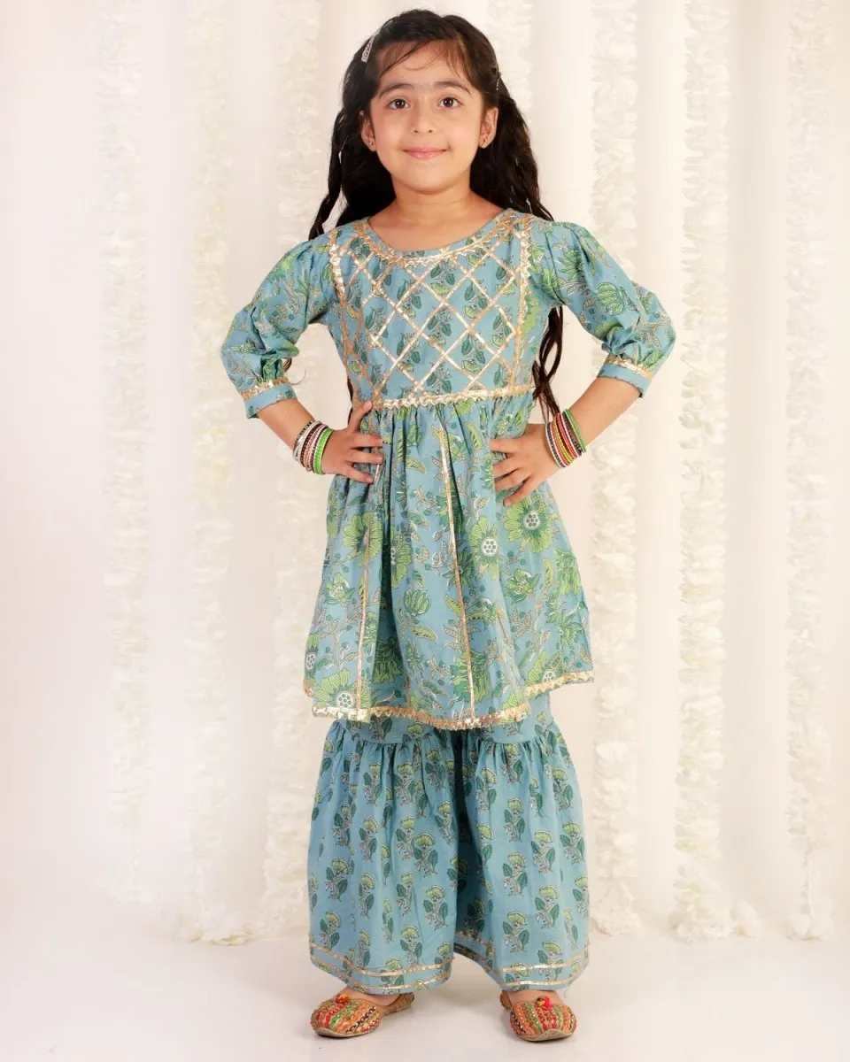 Blue Haze Floral Print Sharara Girls Set