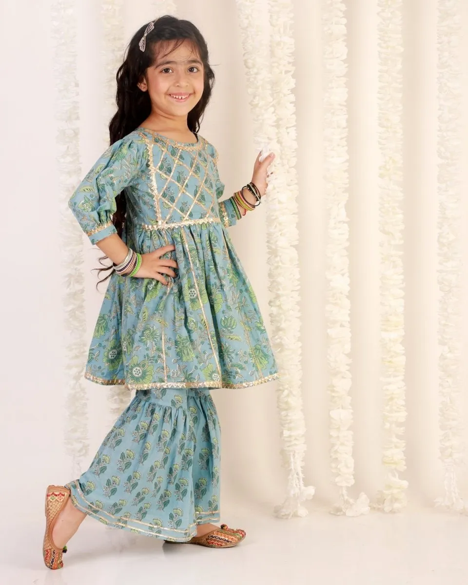 Blue Haze Floral Print Sharara Girls Set