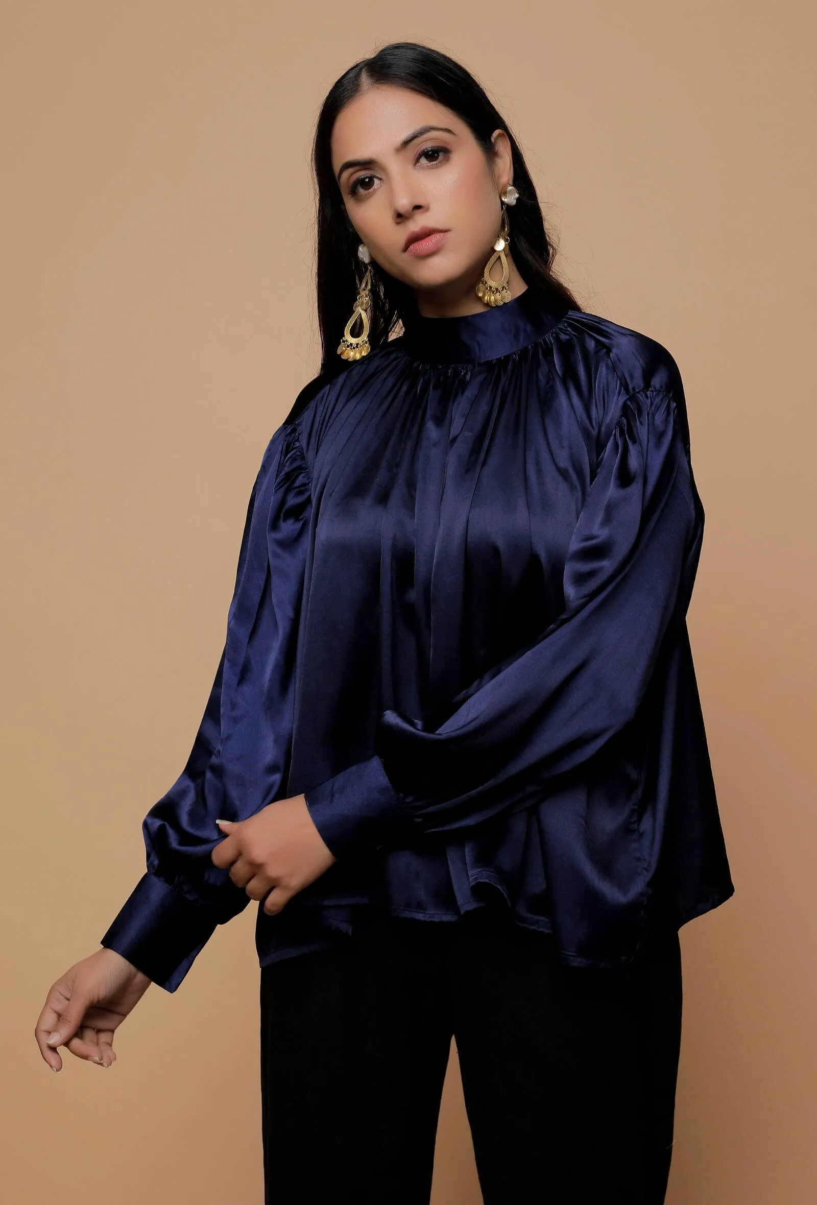 Blue Satin Bishop Sleeves Shirt