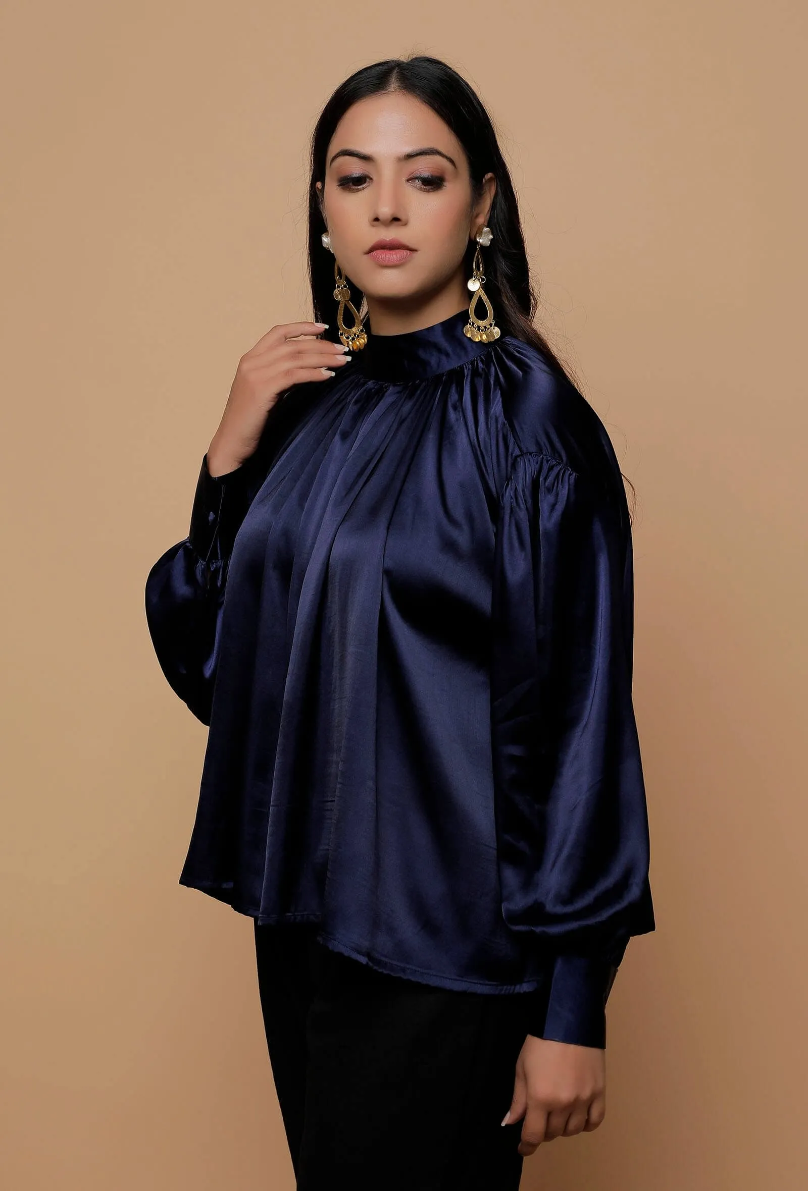 Blue Satin Bishop Sleeves Shirt