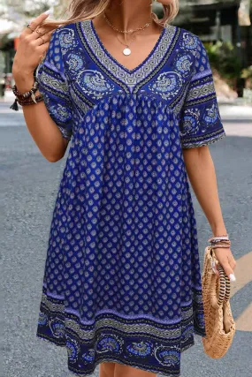 Bluing Casual Ethnic Print Short Sleeve Midi Dress