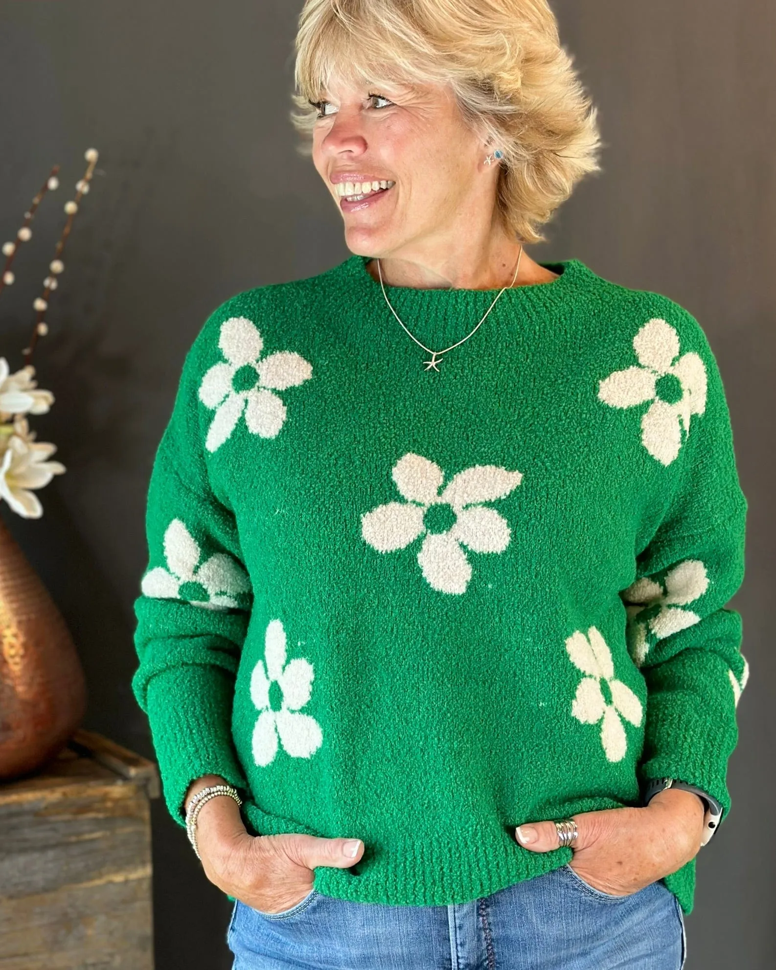 Boucle Knitted Flower Jumper - Green