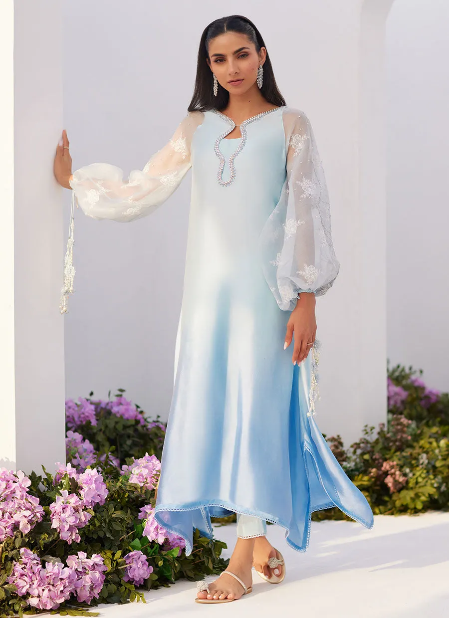 Bow Ombre Blue Embellished Kaftan Cut Shirt