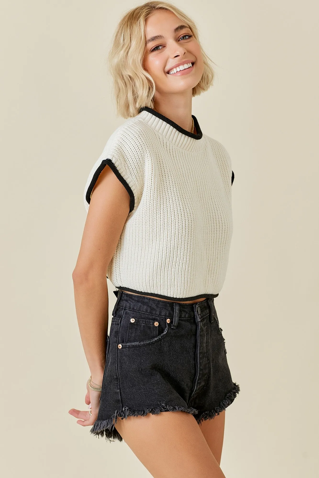 Boxy Sweater Top With Contrast Detail