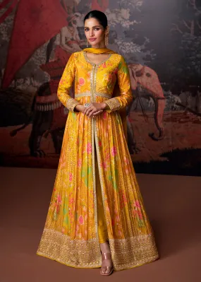 Bright Mustard Printed & Embroidered Wedding Anarkali Dress