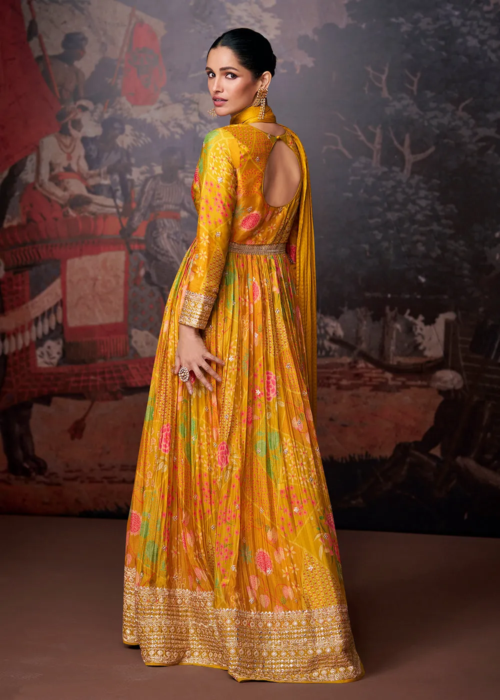 Bright Mustard Printed & Embroidered Wedding Anarkali Dress