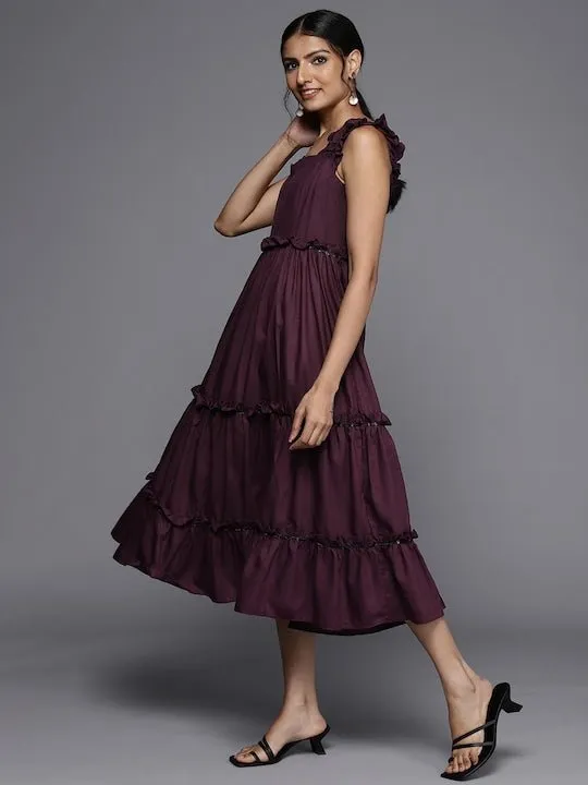 Burgundy Ethnic A-Line Midi Dress