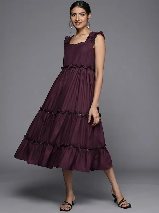 Burgundy Ethnic A-Line Midi Dress