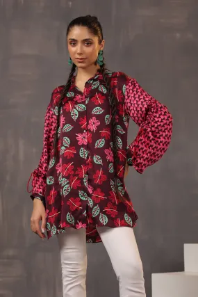 Burgundy Ethnic Printed Crepe Silk Shirt