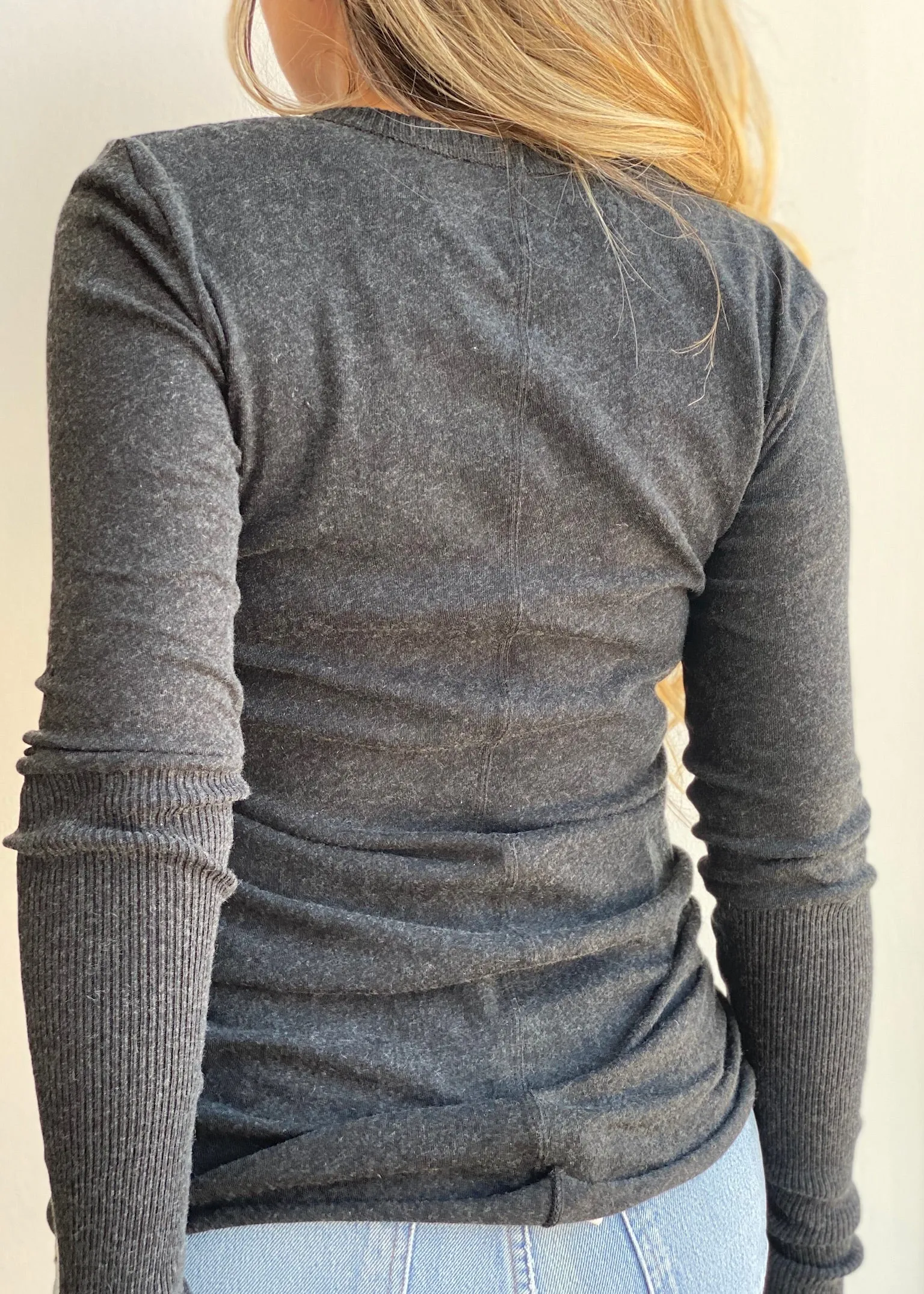 Cashmere Cuffed Crew Neck Sweater - Charcoal - XS