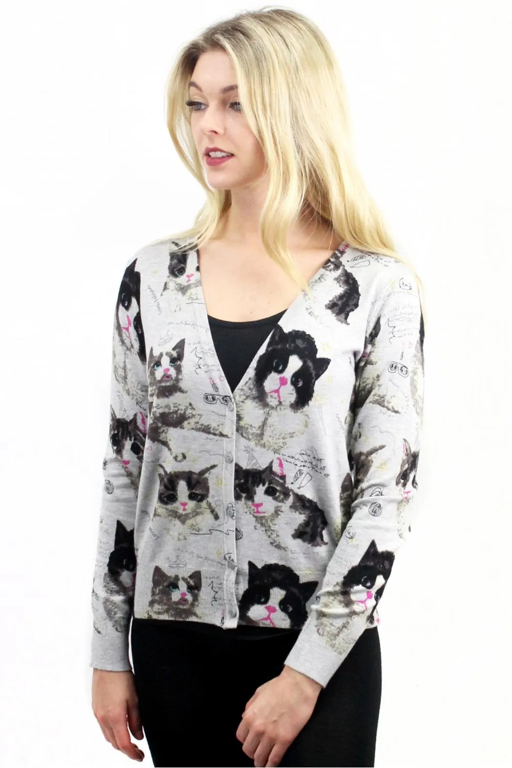 Cat Print Short Button Cardigan