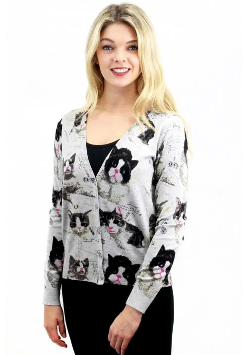 Cat Print Short Button Cardigan