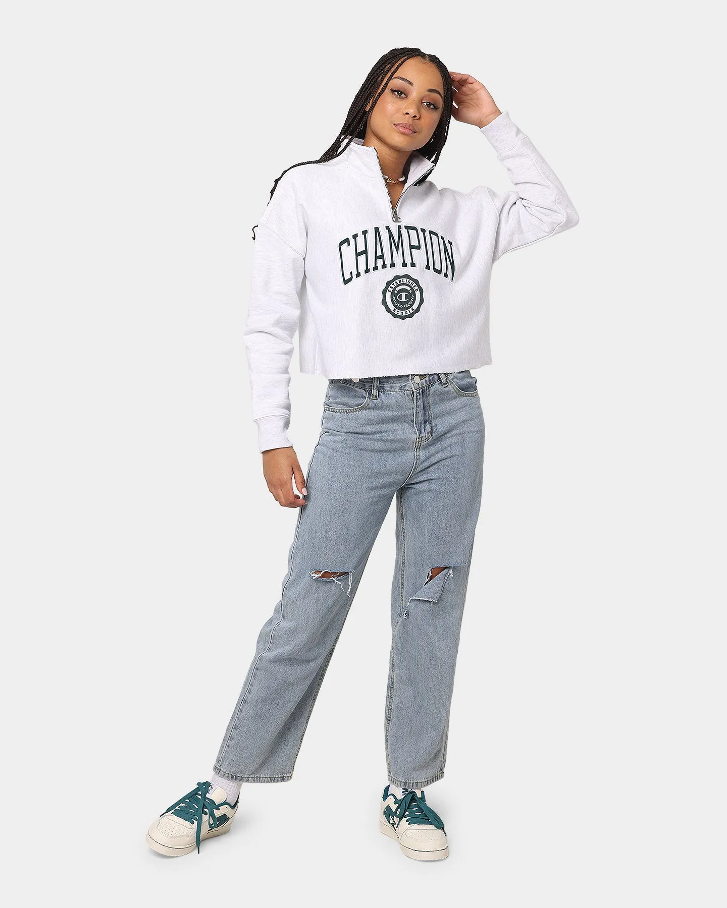 Champion Women's Reverse Weave Archive Quarter Zip Silver Grey