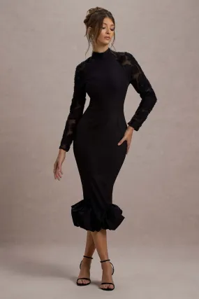 Chandra | Black Mesh Long-Sleeve Midi Dress With Ruffle Hem