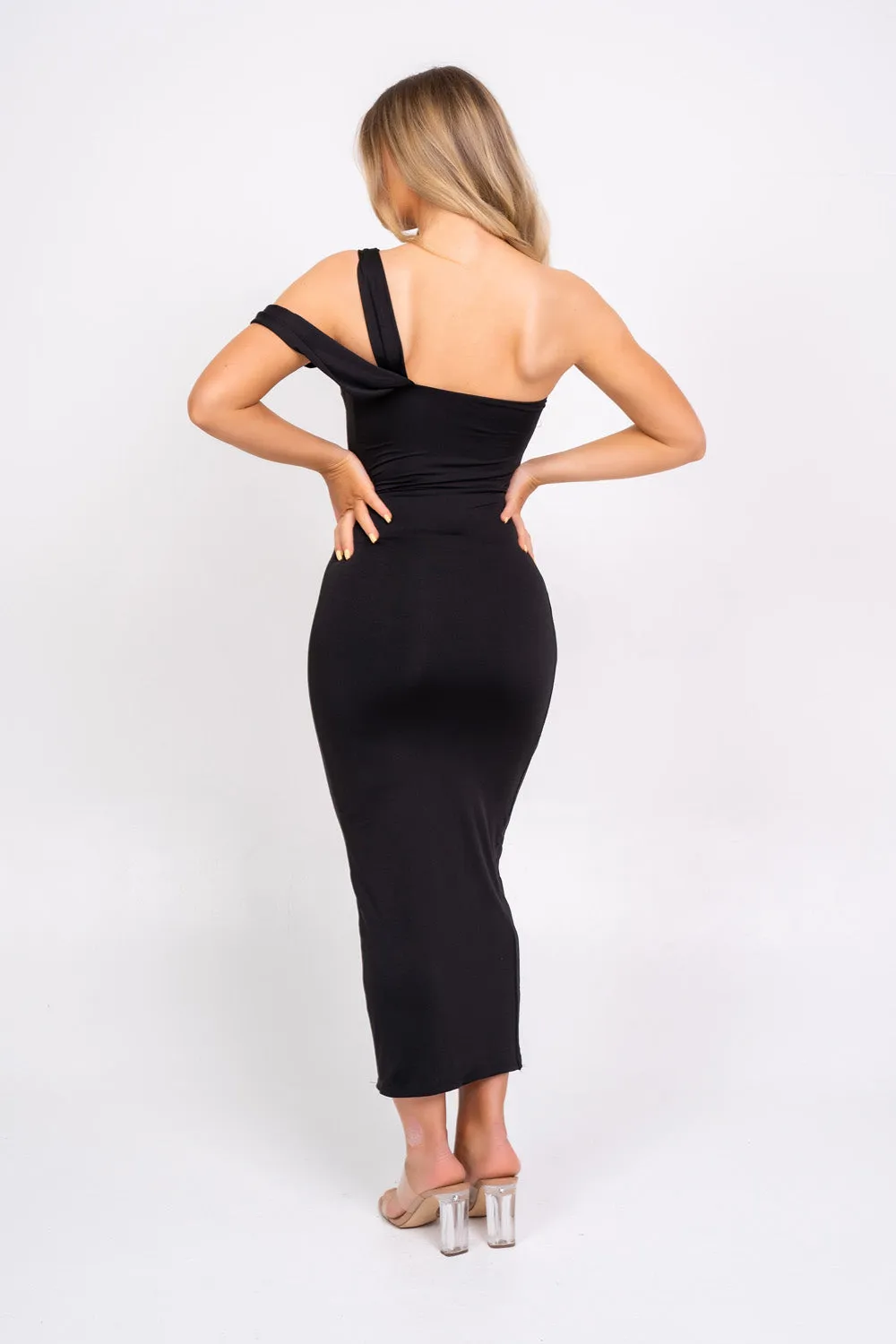 Chantell Black One Shoulder Cut Out Midi Maxi Bodycon Slinky Sculpt Dress