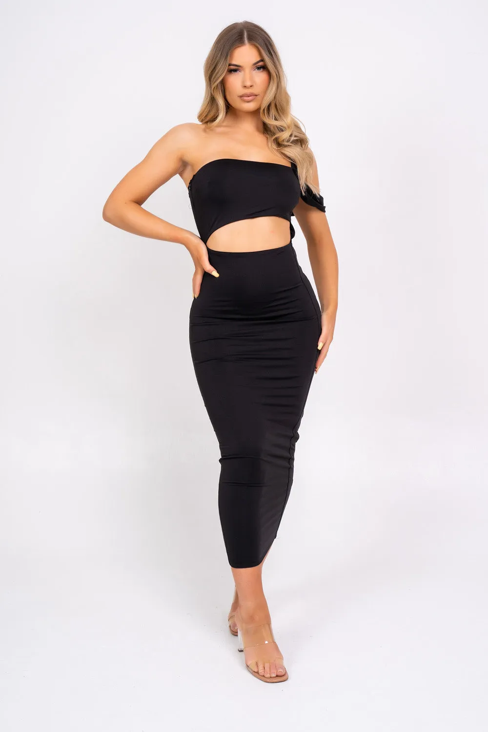 Chantell Black One Shoulder Cut Out Midi Maxi Bodycon Slinky Sculpt Dress