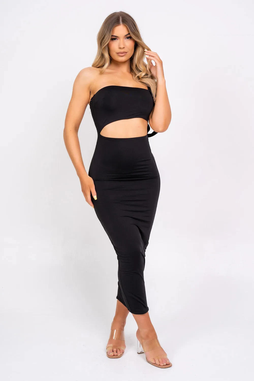 Chantell Black One Shoulder Cut Out Midi Maxi Bodycon Slinky Sculpt Dress