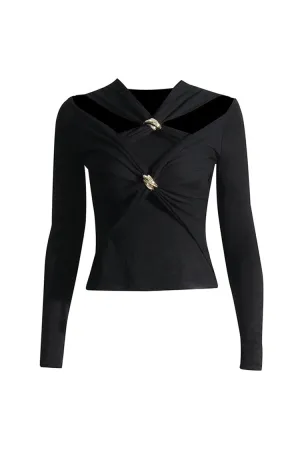 Classy Metallic Trim Twist Cutout Long Sleeve Ruched Crop Jersey T Shirt