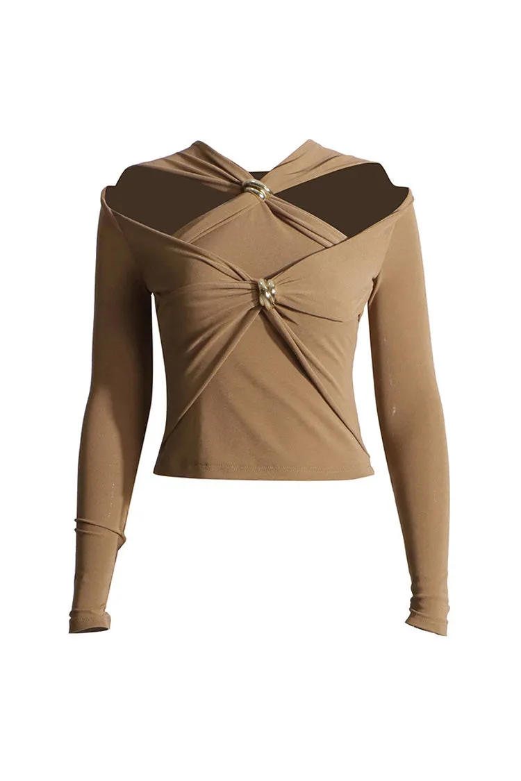 Classy Metallic Trim Twist Cutout Long Sleeve Ruched Crop Jersey T Shirt