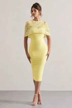 Claudette | Lemon Bodycon Midi Dress With Lace Overlay