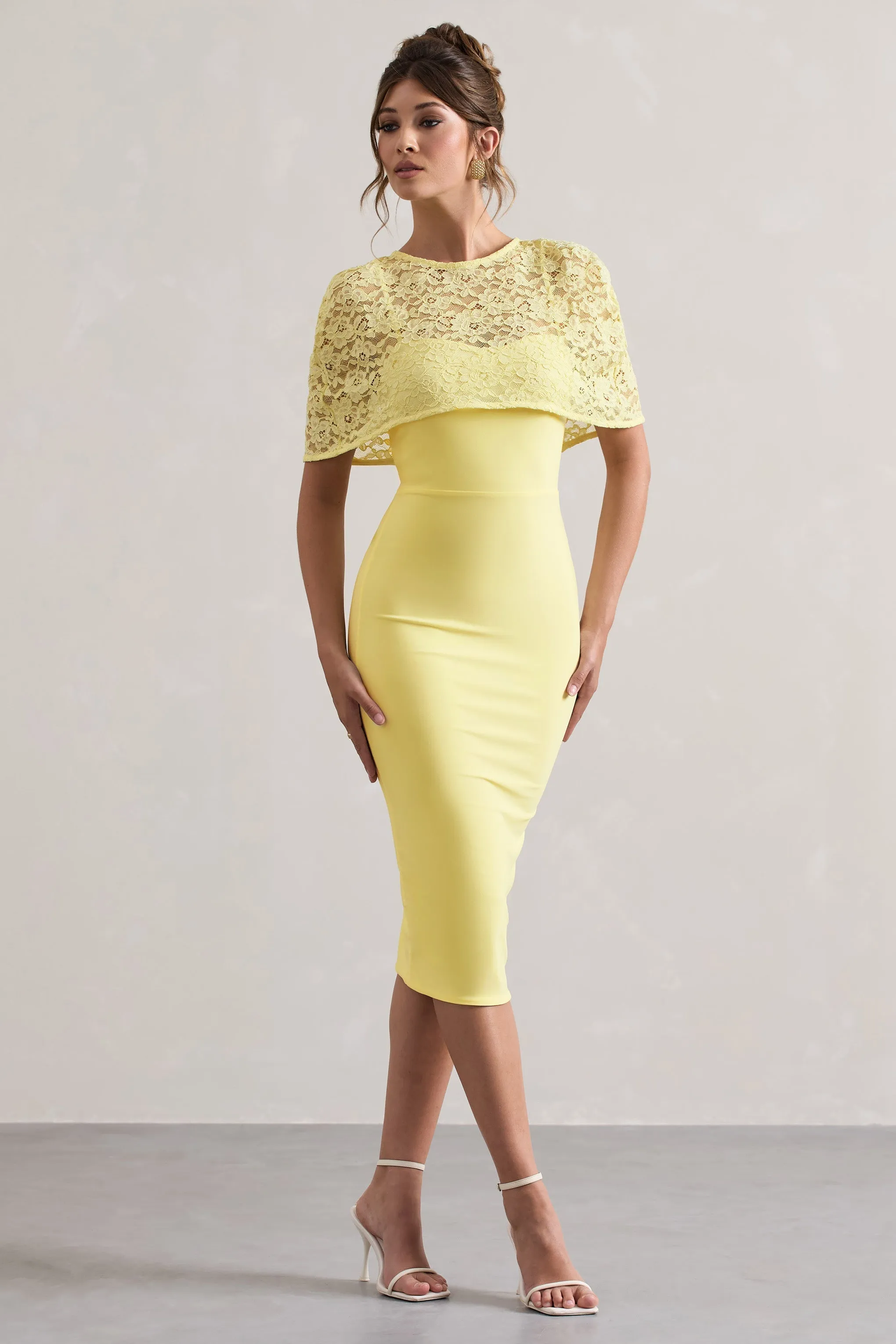 Claudette | Lemon Bodycon Midi Dress With Lace Overlay