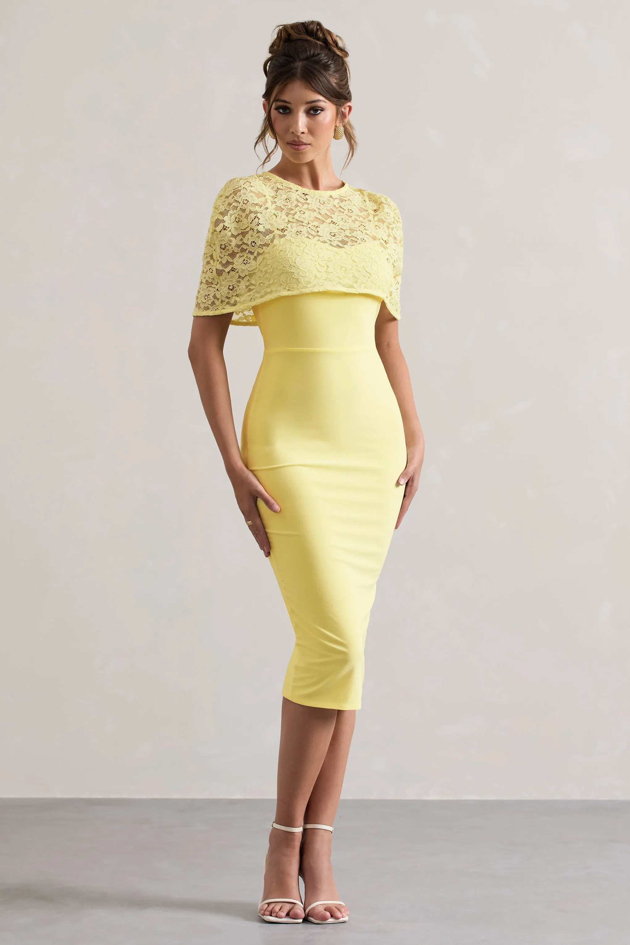 Claudette | Lemon Bodycon Midi Dress With Lace Overlay