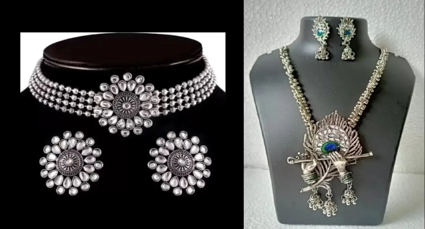 Combo Of 2 Silver-Plated Stone Studded & Beaded Jewellery Set