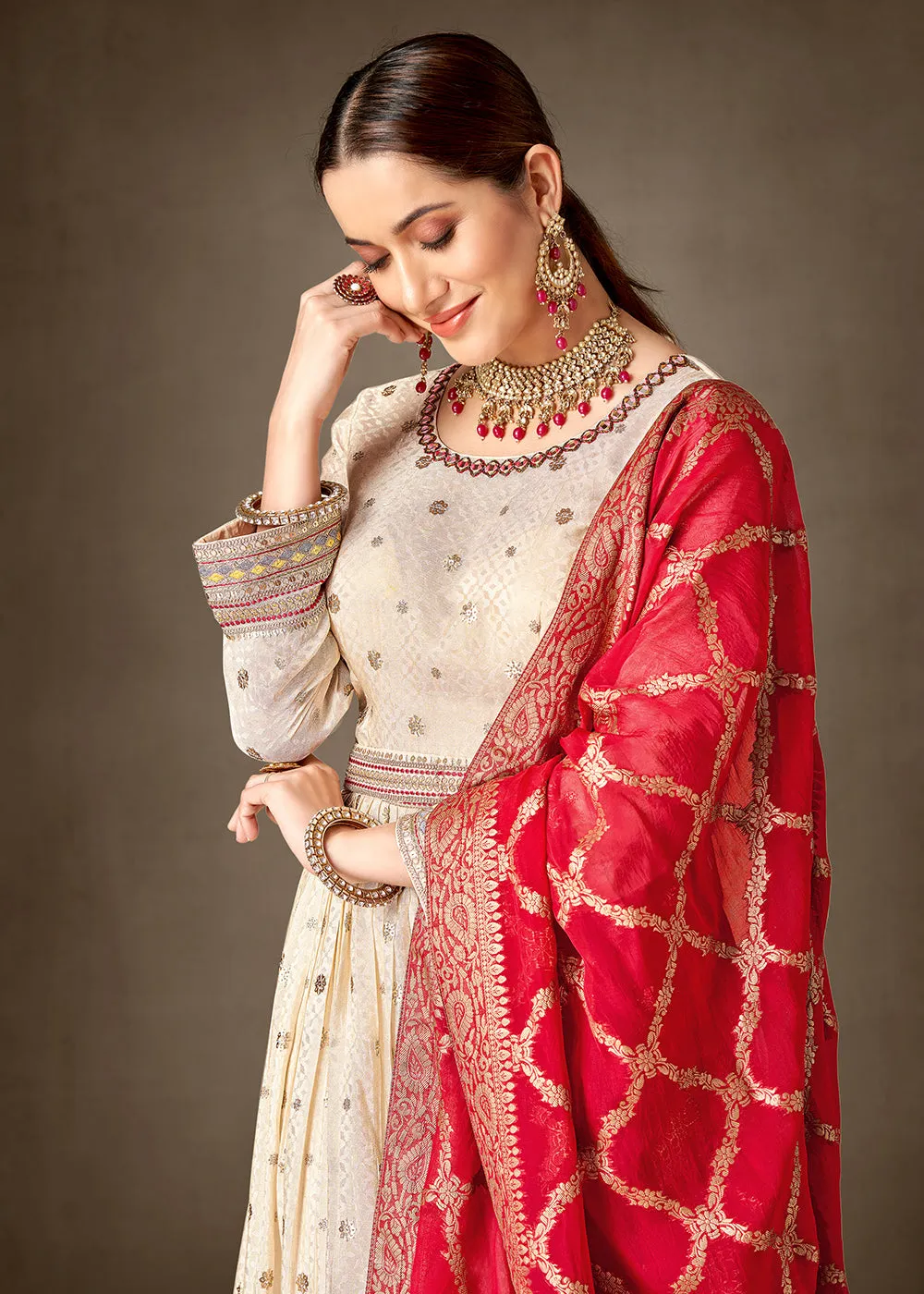 Cream & Red Pure Silk Jacquard Slit Style Anarkali Dress