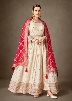 Cream & Red Pure Silk Jacquard Slit Style Anarkali Dress