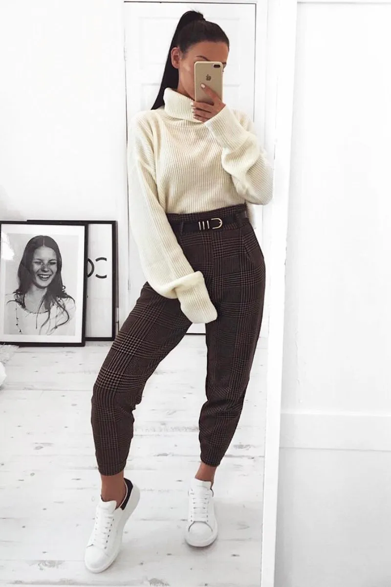 Cream Rib Knit Roll Neck Jumper - Brinna