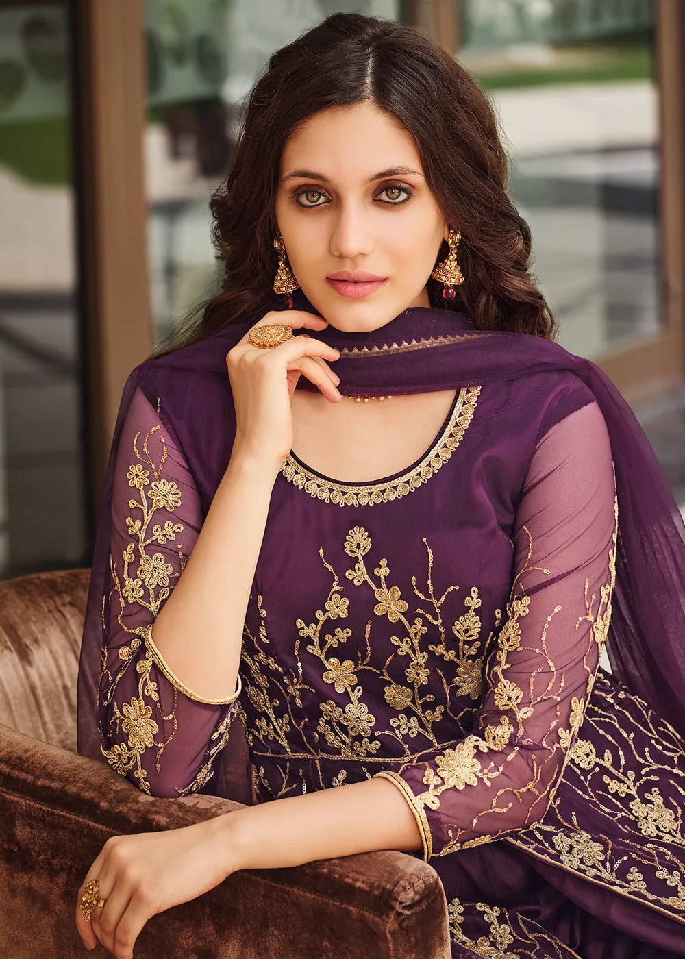 Dazzling Wine Purple Designer Front Slit Anarkali Dress