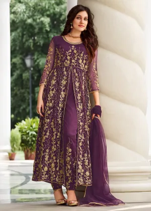 Dazzling Wine Purple Designer Front Slit Anarkali Dress