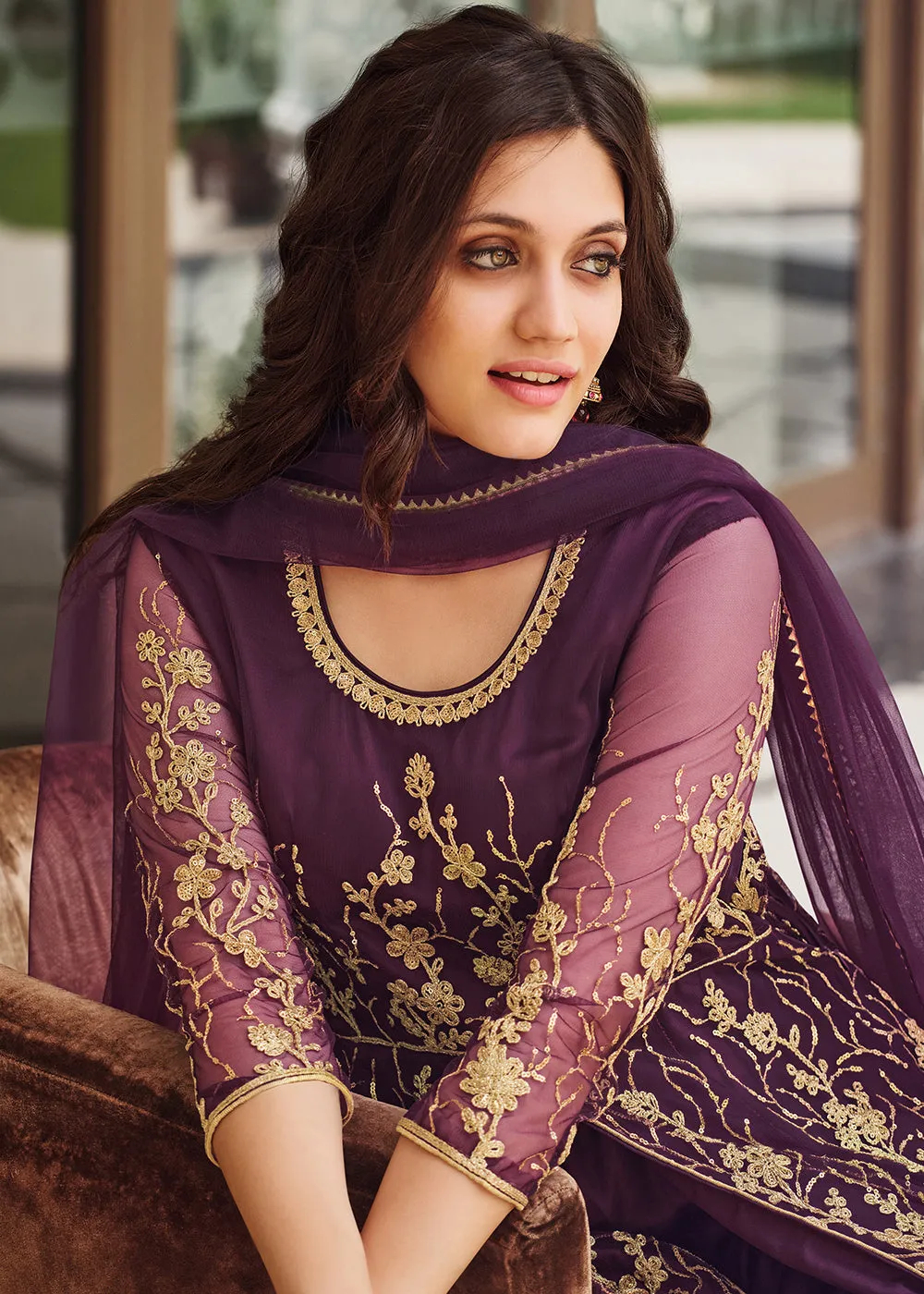 Dazzling Wine Purple Designer Front Slit Anarkali Dress