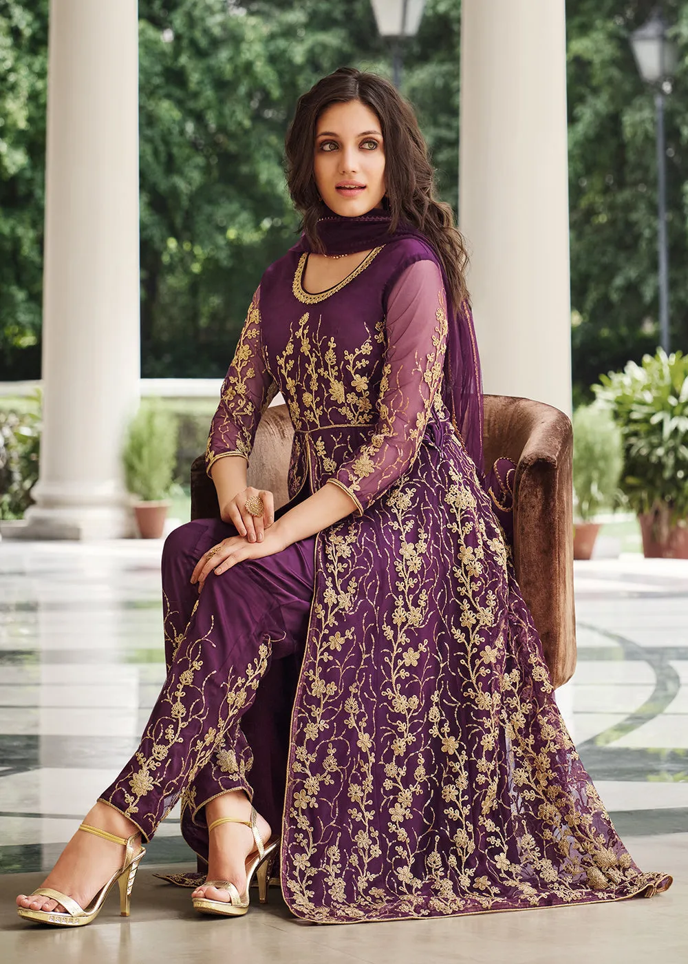 Dazzling Wine Purple Designer Front Slit Anarkali Dress