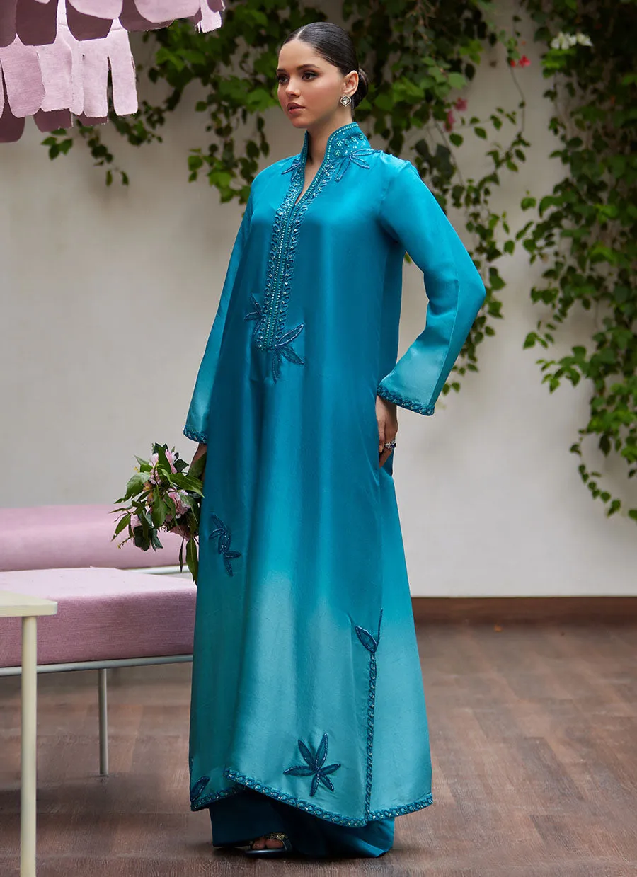 Deeri Ombre Blue Embellished Kaftan Cut Shirt