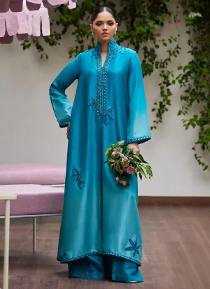 Deeri Ombre Blue Embellished Kaftan Cut Shirt