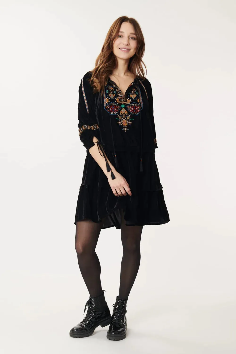 Delfina Embroidered Dress-Black