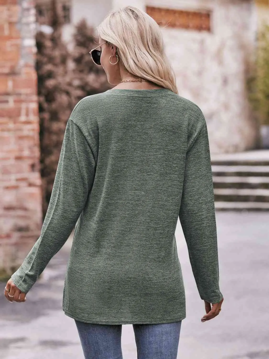 Double Take Buttoned Notched Neck Long Sleeve Top