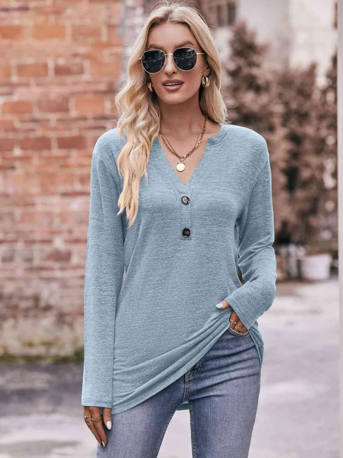 Double Take Buttoned Notched Neck Long Sleeve Top