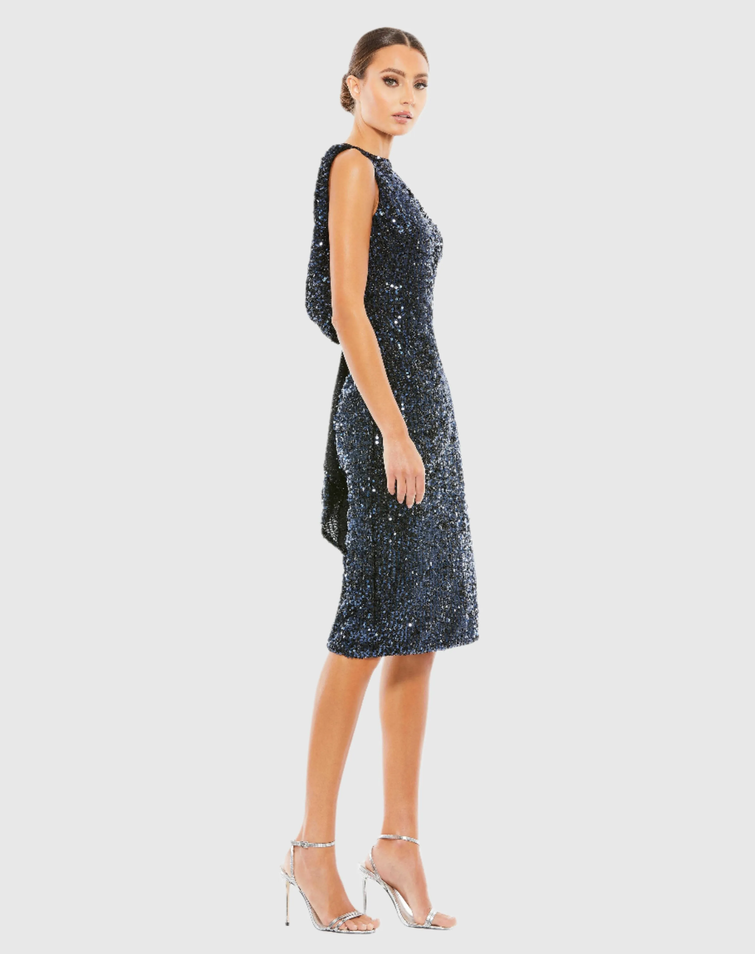 Draped Back Boat Neck Sequined Cocktail Dress