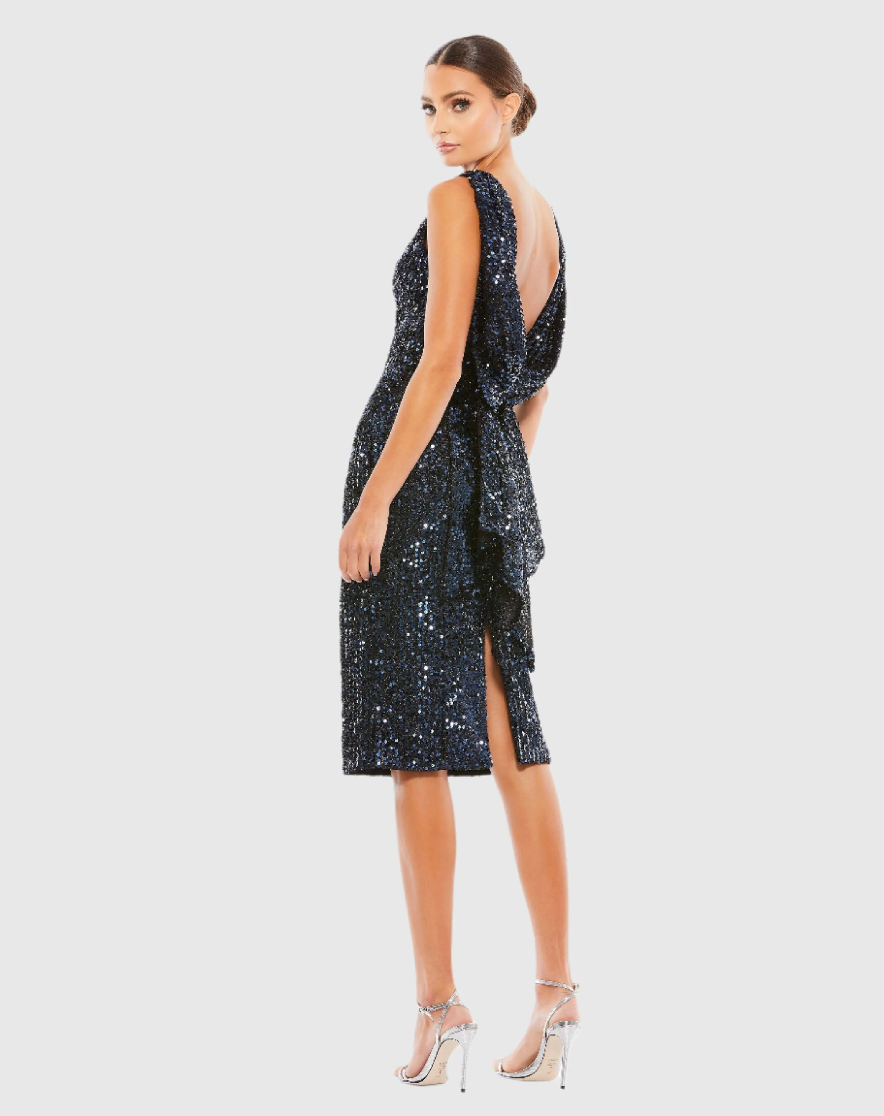 Draped Back Boat Neck Sequined Cocktail Dress