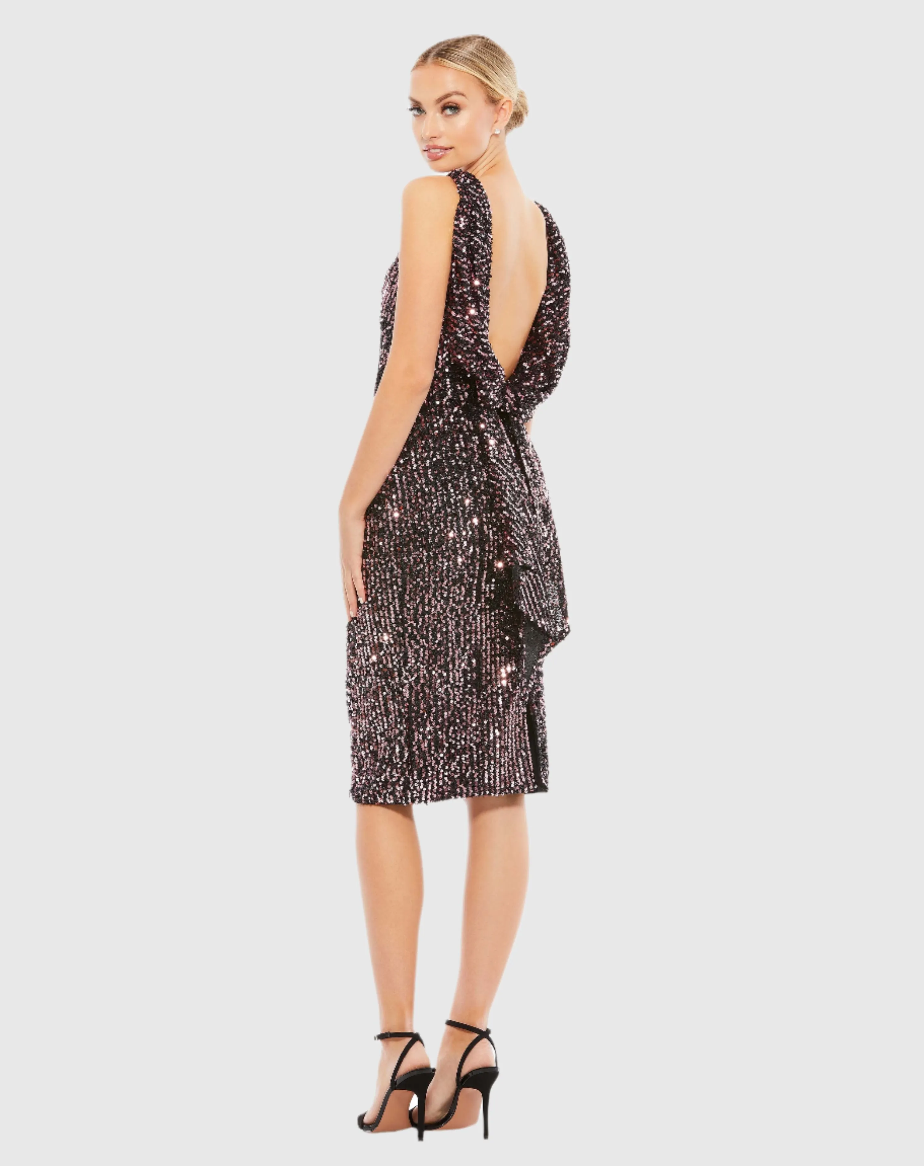 Draped Back Boat Neck Sequined Cocktail Dress