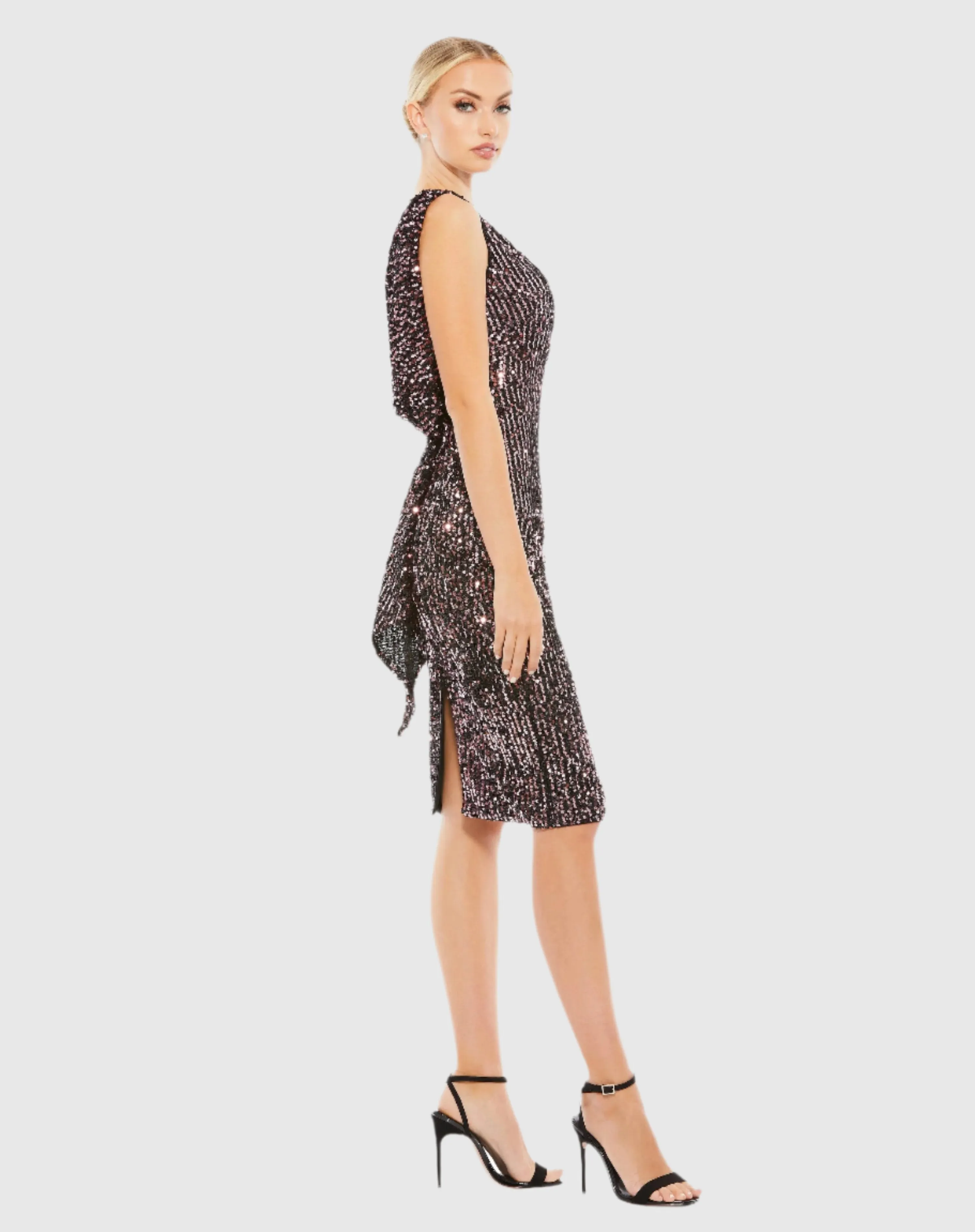 Draped Back Boat Neck Sequined Cocktail Dress