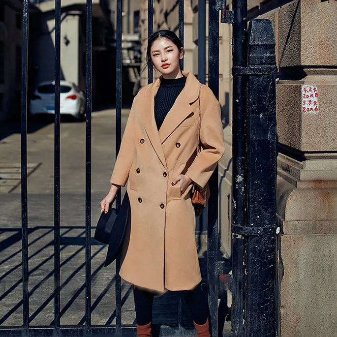 Elegant khaki Coats oversize Notched Wool Coat Fashion double breasted Wool Coat