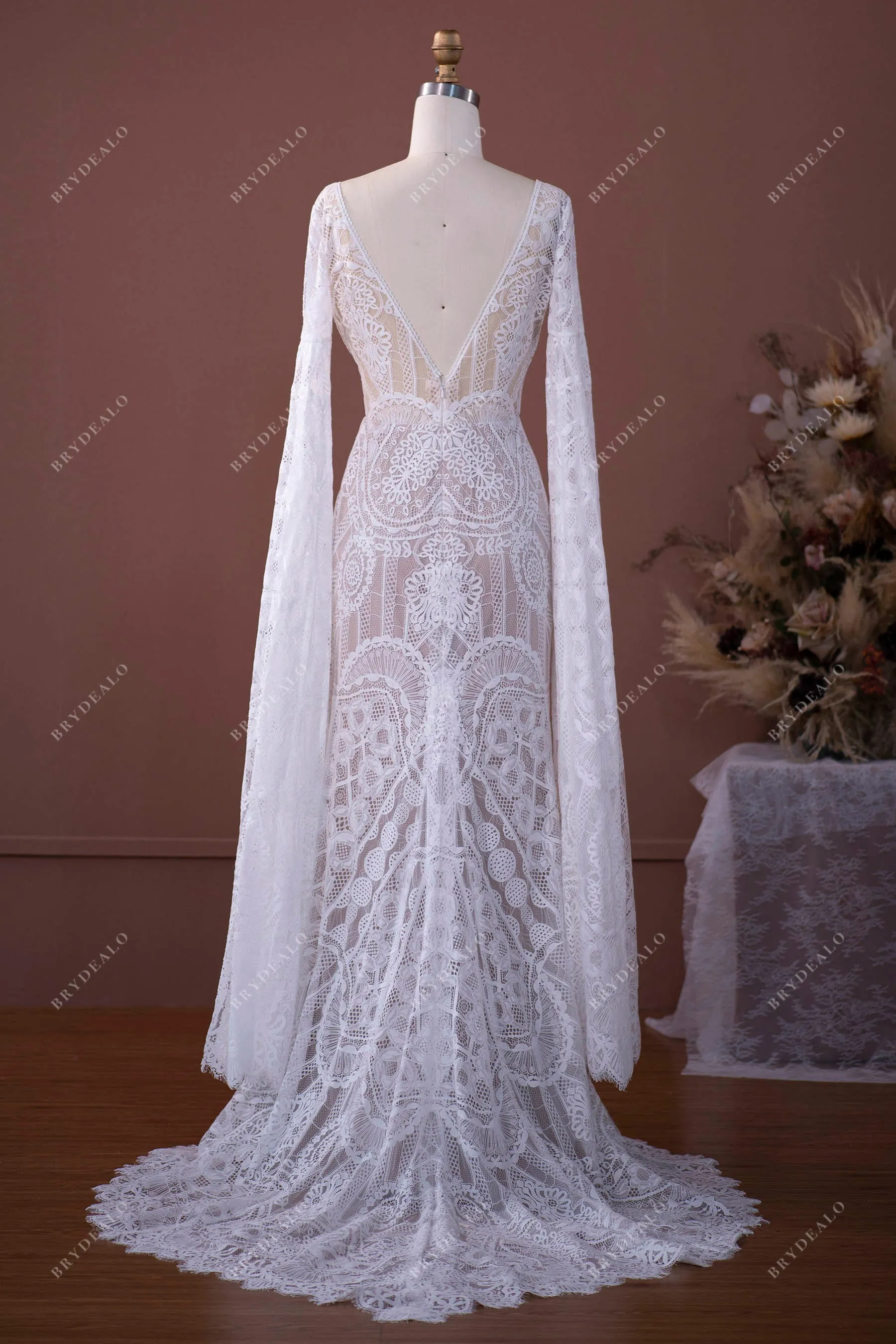 Elegant Lace Dramatic Sleeve Boho Wedding Gown